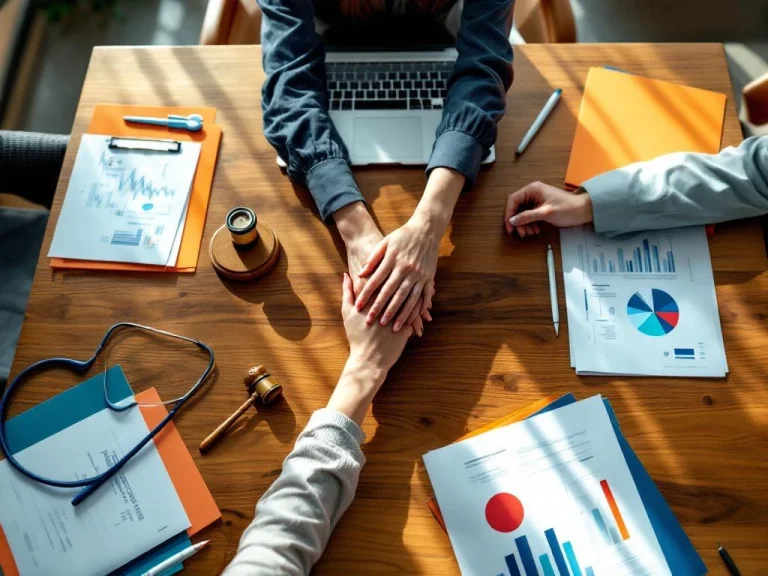 Two hands clasping in mentorship over conference table with stethoscope, laptop, gavel, blueprints, and Dutch-colored folders