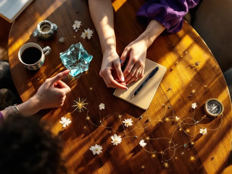 Two professional women's hands across a table during mentorship, with career symbols including compass, scale, and connecting pathways