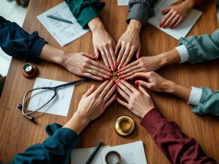 Diverse professional women's hands collaborating around conference table with industry props including stethoscope, blueprints, and tech devices