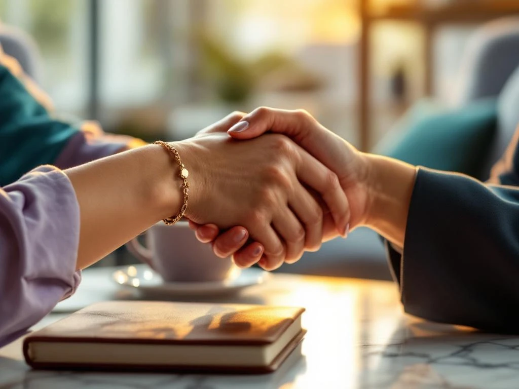 Two professional women's hands clasping in mentorship gesture over marble table in modern office with warm natural light