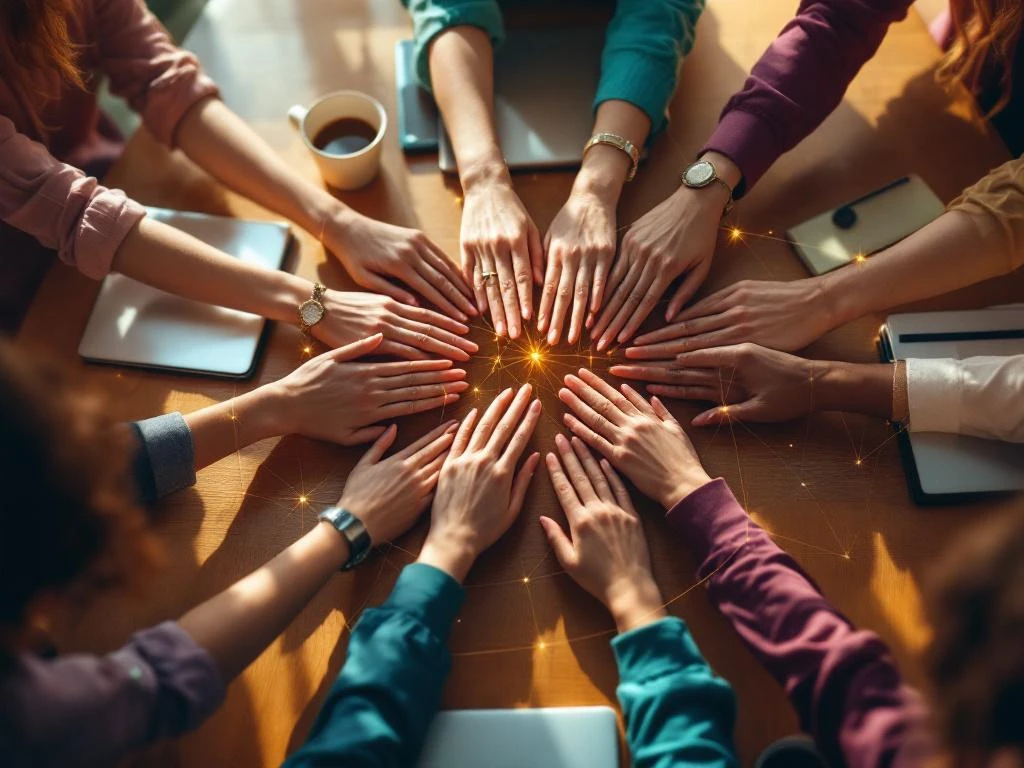 Diverse women's hands forming connected circle on conference table with golden light threads symbolizing mentorship network