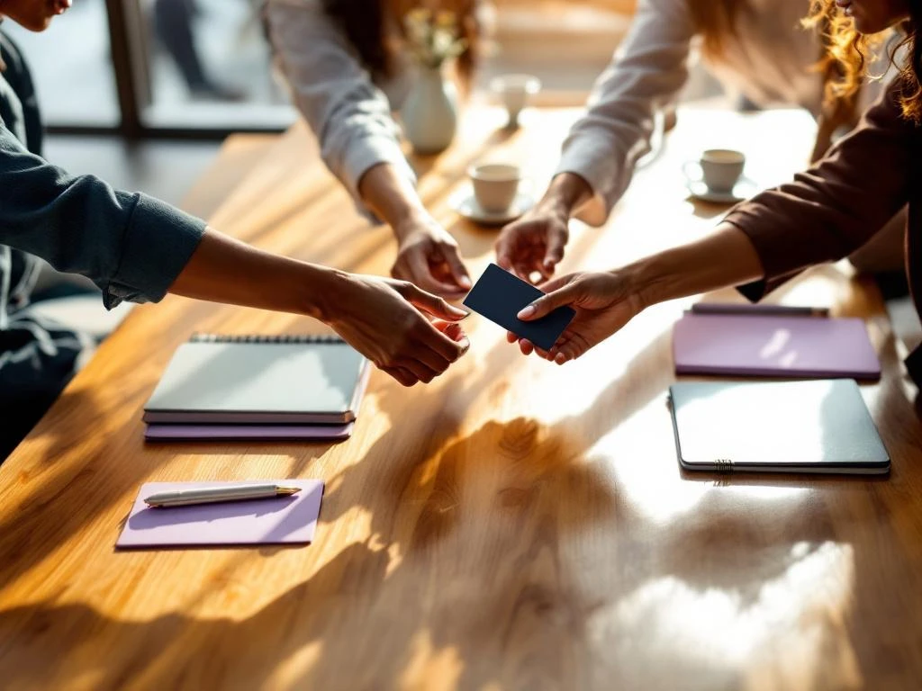 Diverse women's hands exchanging business cards across conference table during networking event with natural lighting