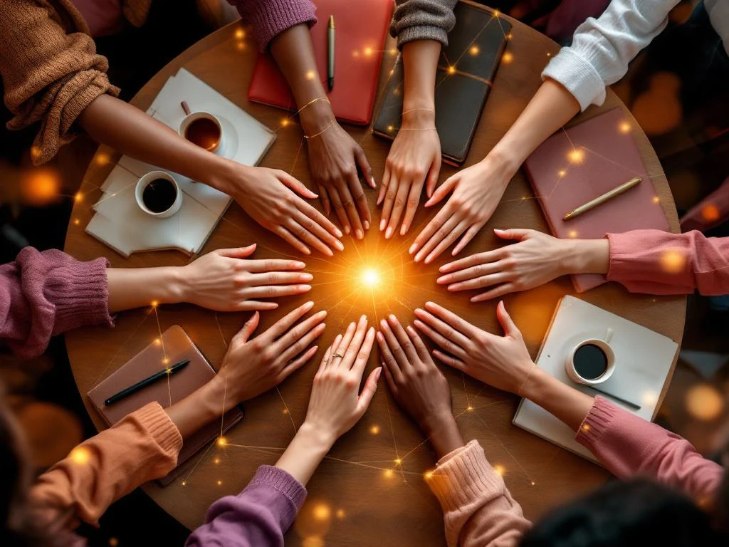 Diverse women's hands forming connected circle over networking table with journals and coffee cups in warm lighting