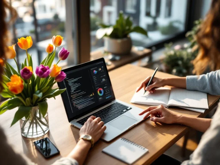 Two women's hands in mentorship session over laptop displaying code, with tulips and Amsterdam architecture visible through windows