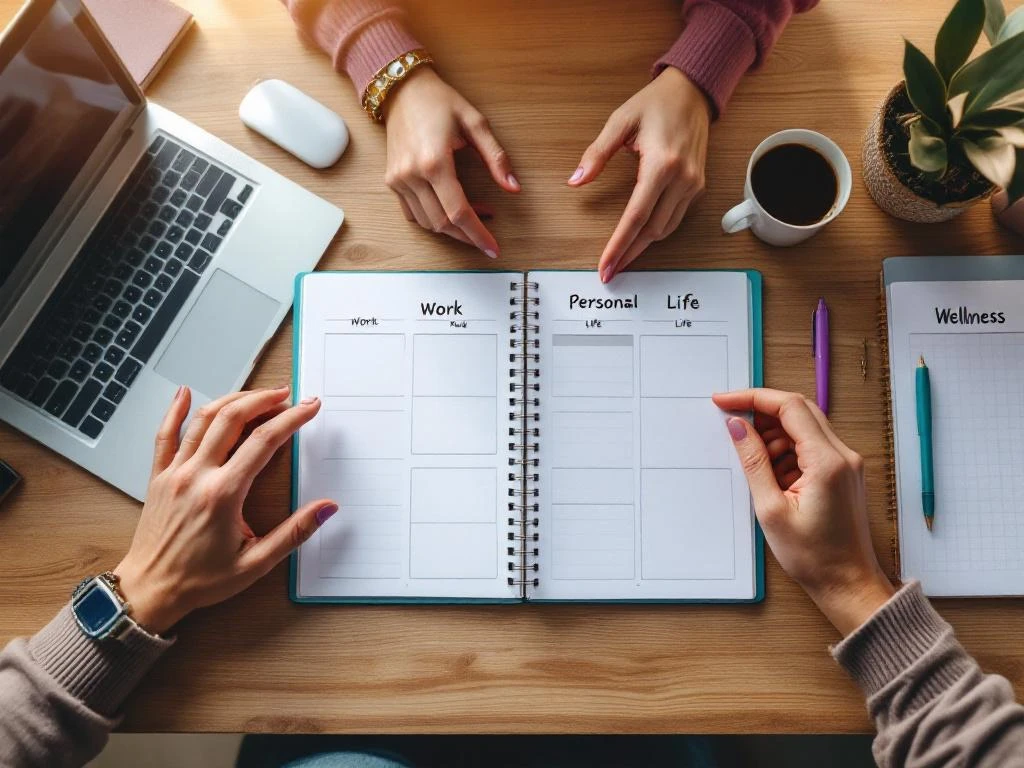Overhead view of mentor and mentee hands over work-life balance planner on modern desk with laptop and coffee cup