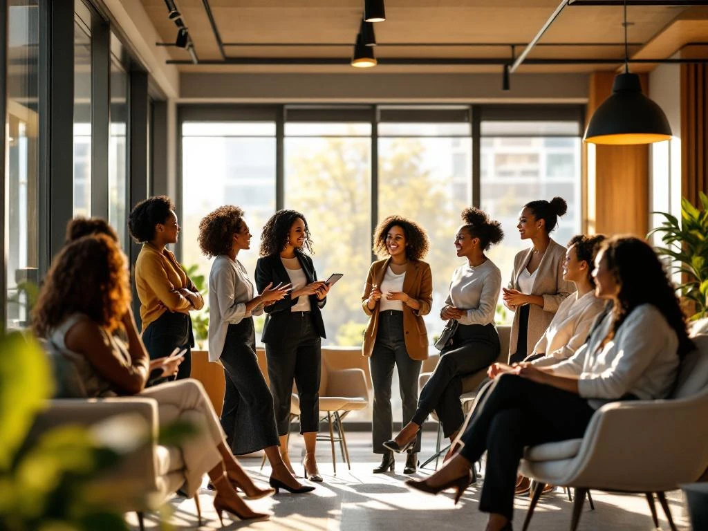 Diverse professional women in animated conversation in bright modern conference room with natural light and contemporary furniture.