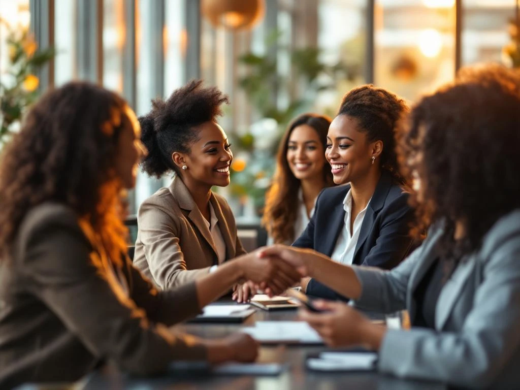 Professional women of diverse backgrounds networking and exchanging business cards in modern office space with natural lighting.