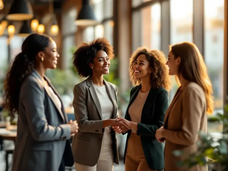 Diverse professional women networking and shaking hands in bright modern conference room with natural lighting.