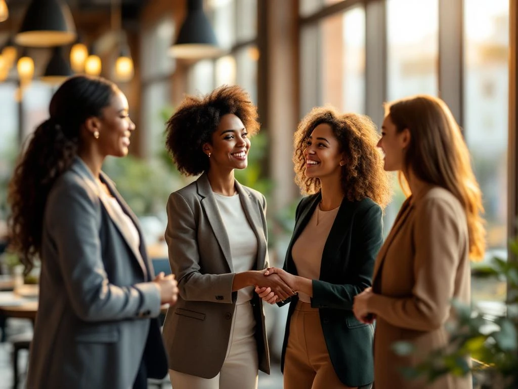 Diverse professional women networking and shaking hands in bright modern conference room with natural lighting.