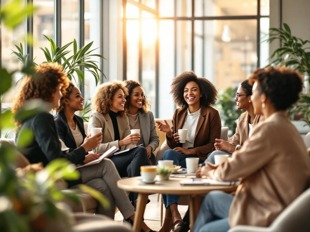 Diverse professional women networking in animated conversation in bright modern conference room with natural light