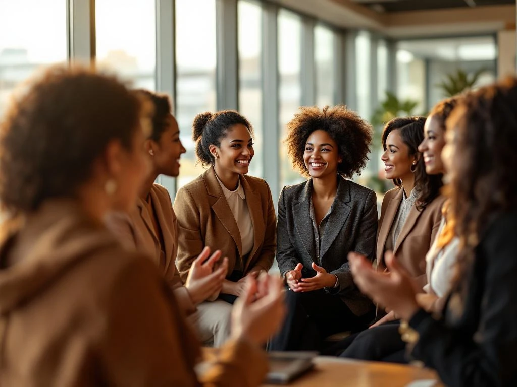 Diverse group of professional women networking in bright modern conference room with floor-to-ceiling windows