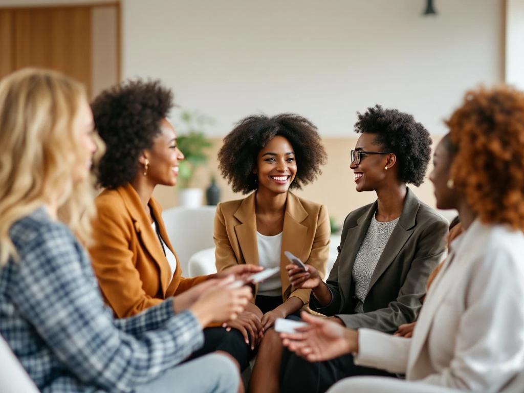 Diverse professional women networking and exchanging business cards in modern conference space with warm lighting.