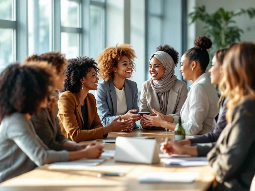 Diverse professional women networking and conversing in bright modern conference room with floor-to-ceiling windows.