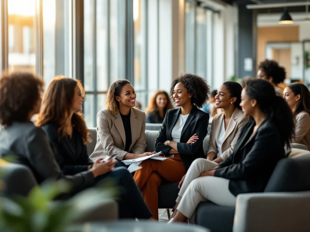 Diverse professional women networking and conversing in bright modern conference room with natural lighting.