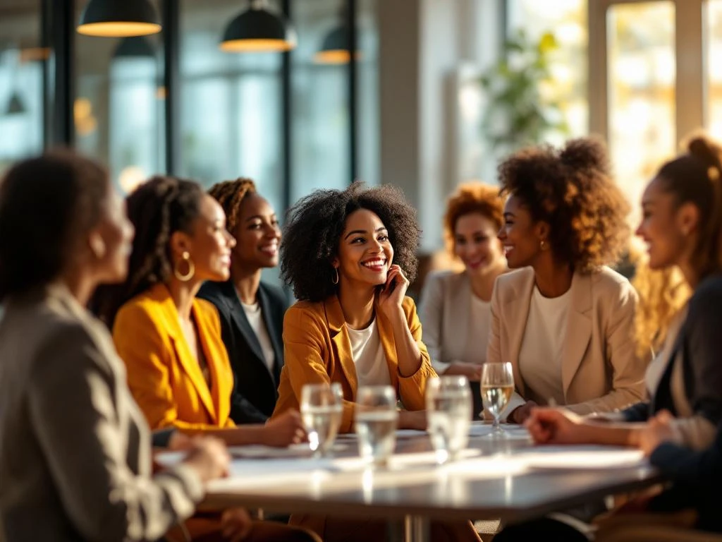 Diverse professional women networking in bright modern conference room with natural light and floor-to-ceiling windows.