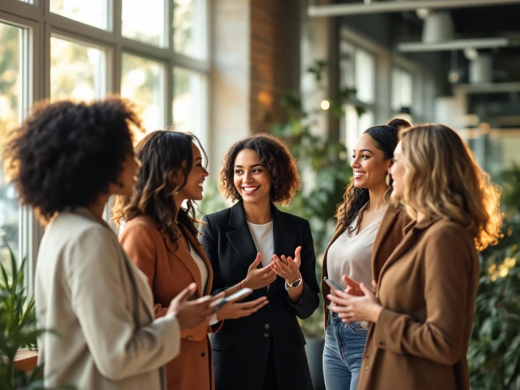 Diverse professional women networking and conversing in bright modern office space with natural lighting