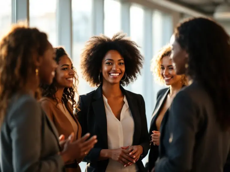 Diverse professional women networking in modern office space with floor-to-ceiling windows, engaging in conversations.