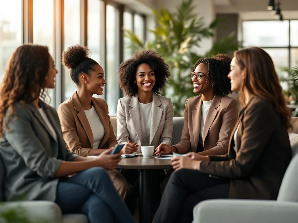 Diverse professional women networking in modern office space with natural lighting and contemporary business attire.