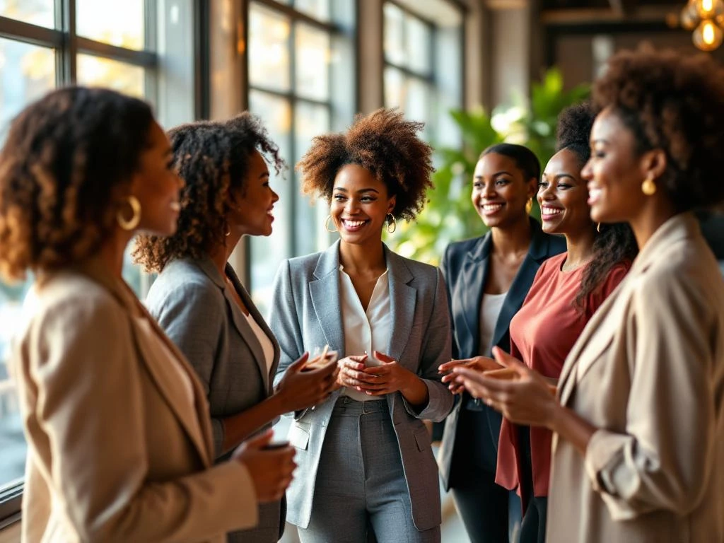 Diverse professional women networking in modern office space with natural lighting and floor-to-ceiling windows