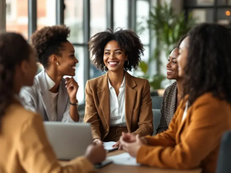 Diverse professional women networking and conversing in bright modern office workspace