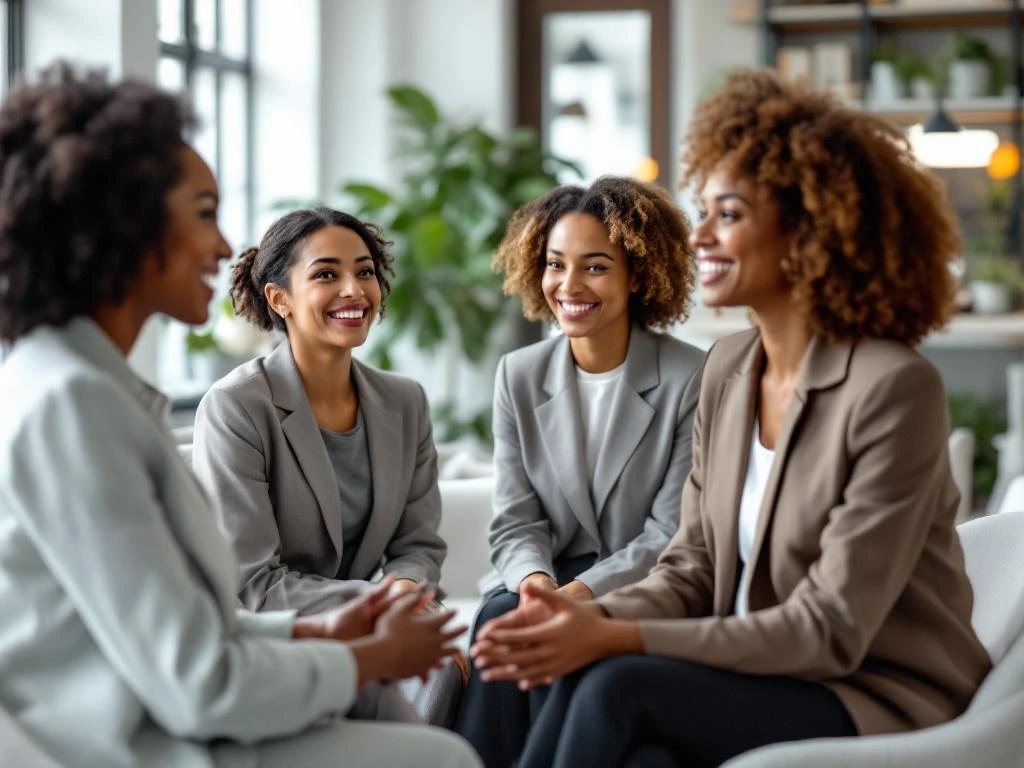 Diverse professional women networking and conversing in bright modern office workspace with plants and contemporary furniture.