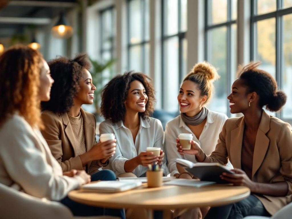 Diverse professional women networking in bright modern office space with natural lighting and inclusive atmosphere.