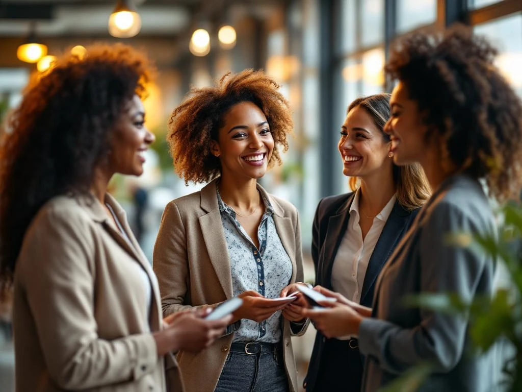Diverse professional women networking and exchanging business cards in bright modern office workspace