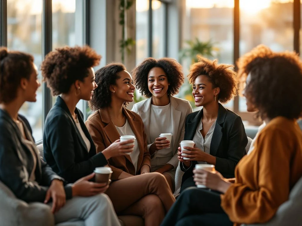 Diverse professional women networking in bright modern office space with natural light and contemporary business attire.