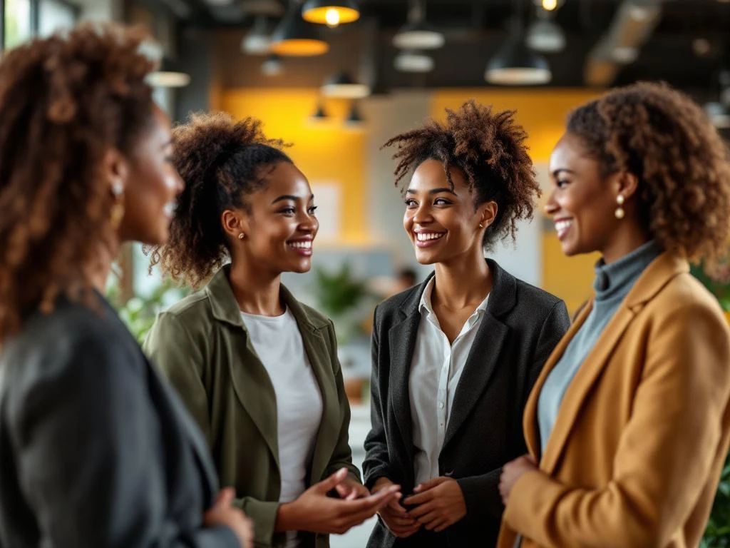 Diverse professional women networking and collaborating in bright modern workspace, showing authentic connections and empowerment.