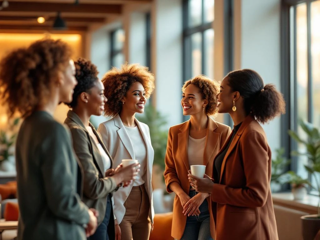 Diverse professional women networking in bright modern conference room with natural light and contemporary furnishings.