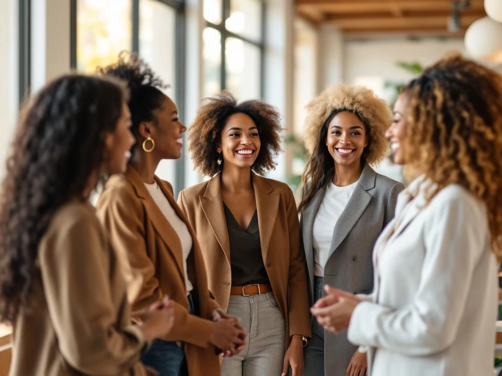 Diverse professional women networking in bright modern office space with floor-to-ceiling windows and natural lighting.