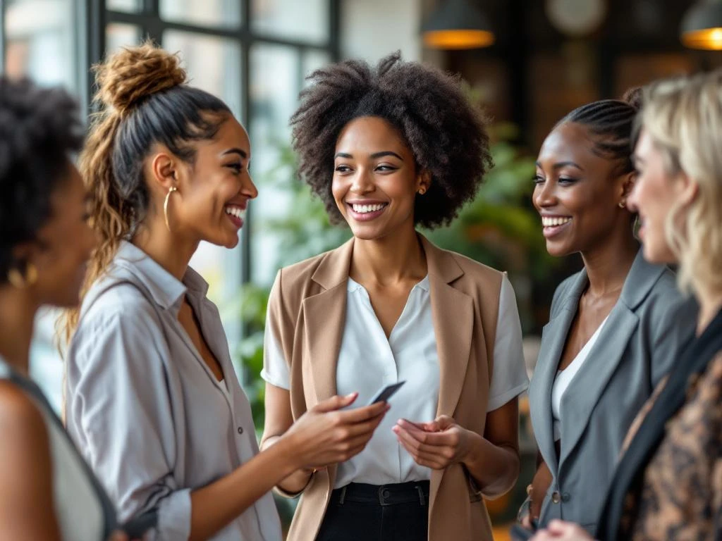 Diverse professional women networking and exchanging business cards in bright modern Amsterdam venue