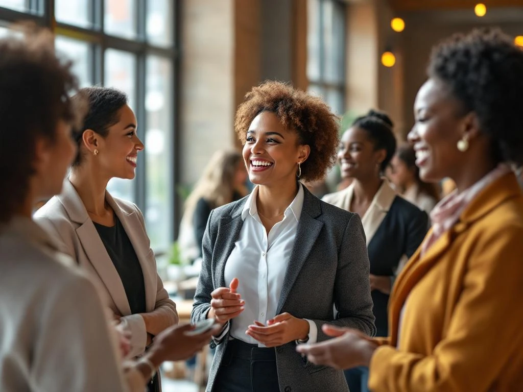 Diverse professional women networking and conversing at modern business event with natural lighting and contemporary venue.