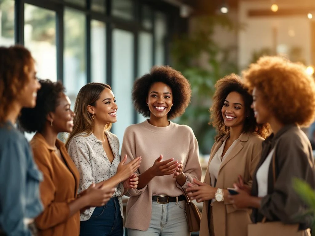 Diverse professional women networking and connecting in bright modern office space with natural lighting