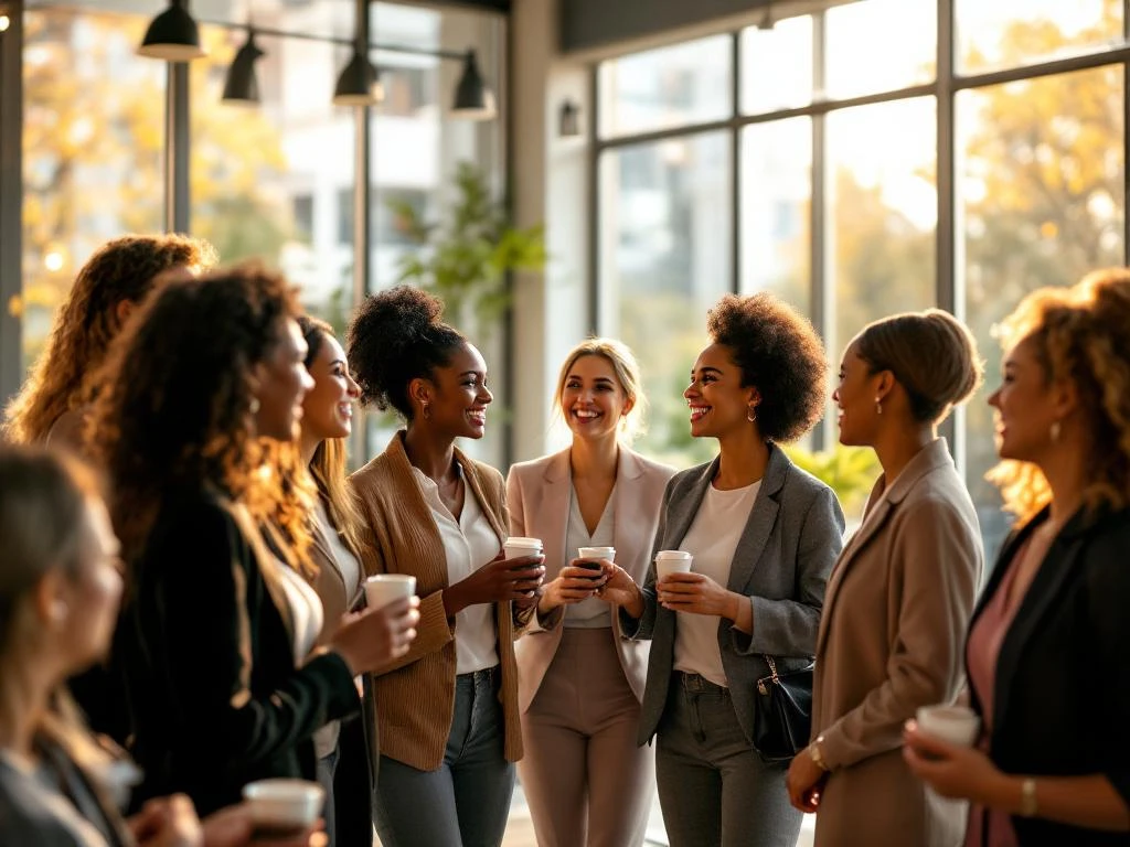 Diverse professional women networking and exchanging business cards in bright modern conference room with natural light.