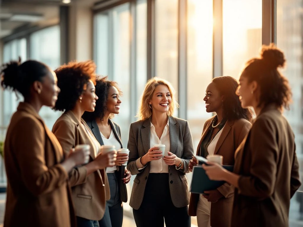 Diverse professional women networking and conversing in bright modern conference room with natural lighting