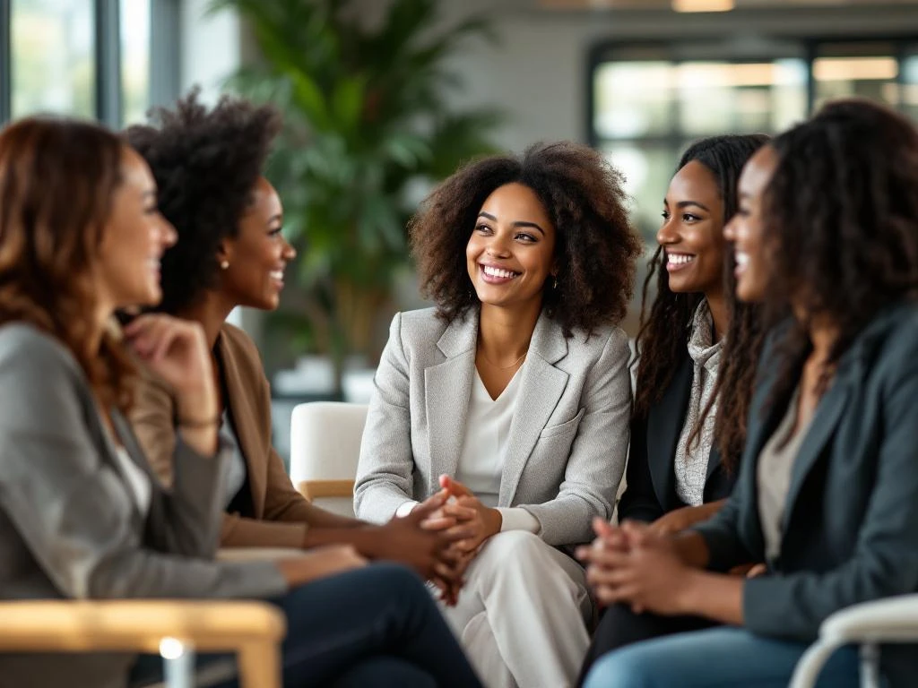 Diverse professional women networking and conversing in modern conference room with warm lighting and contemporary furnishings.