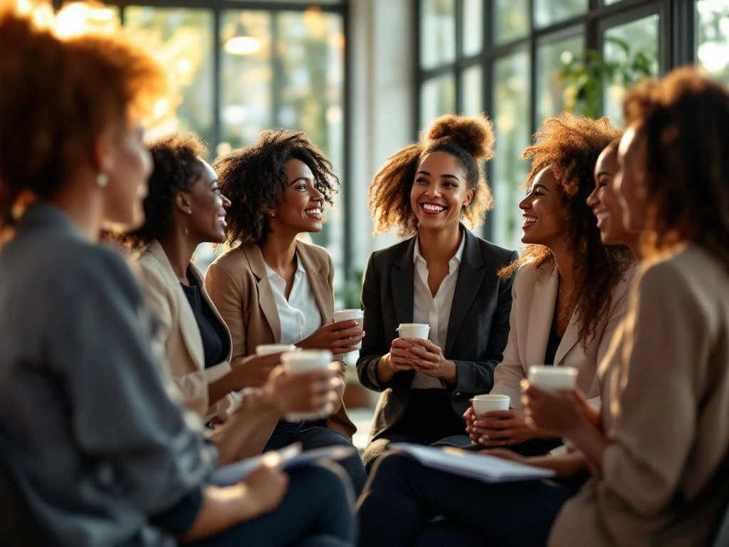 Diverse professional women networking in bright modern conference room, holding coffee and business materials in circle formation.