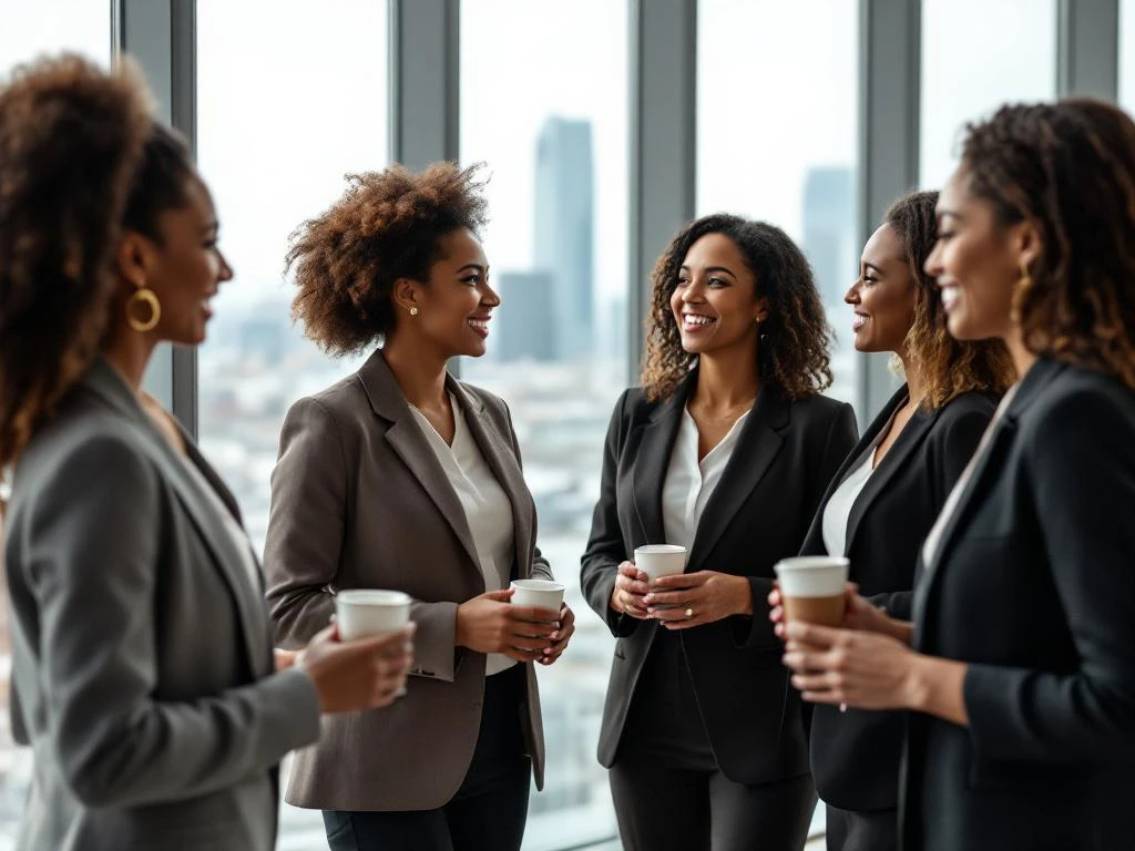 Diverse professional women networking in bright Rotterdam conference room, engaging in conversations and handshakes
