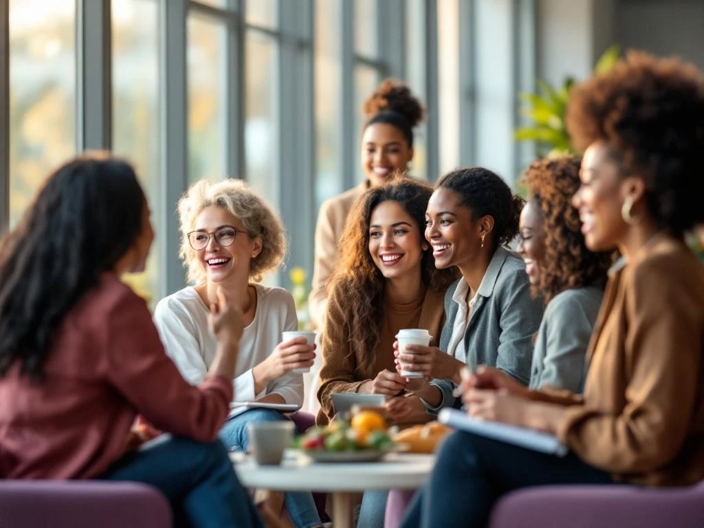 Diverse professional women networking in bright modern conference room with natural lighting and contemporary furniture.
