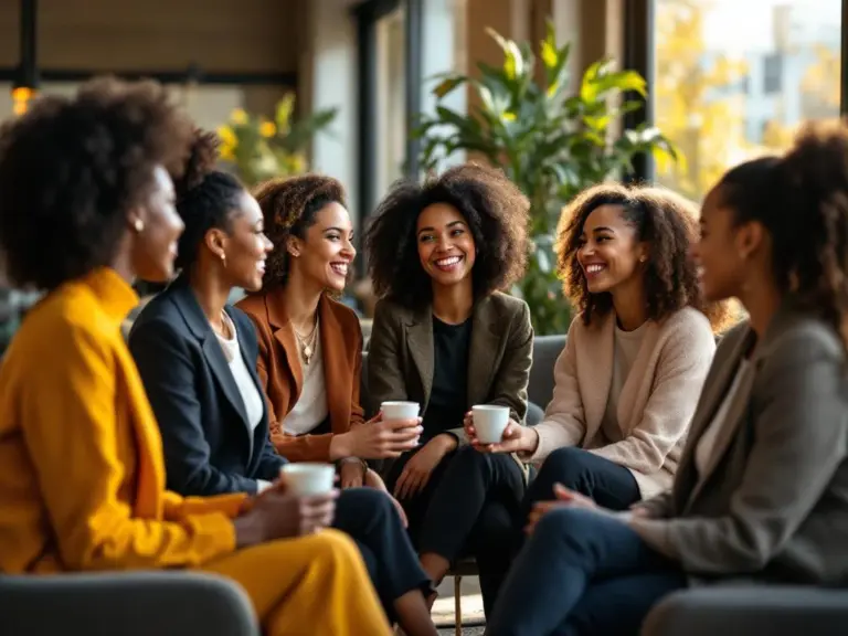 Diverse professional women networking in circle formation in bright modern conference room with natural light
