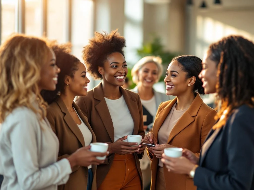 Diverse professional women networking in modern conference space, exchanging business cards and engaging in conversation