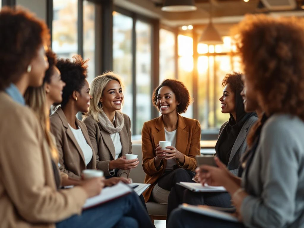 Diverse professional women networking in bright modern conference room with natural lighting and floor-to-ceiling windows.