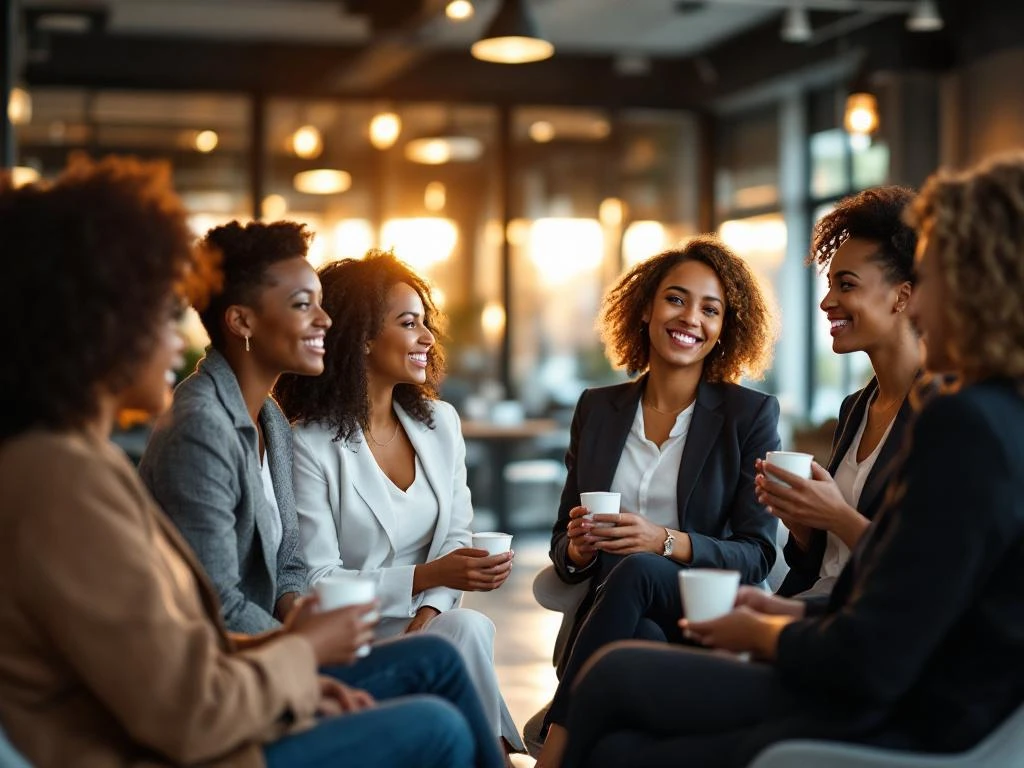 Diverse professional women networking in bright modern conference room with natural lighting and floor-to-ceiling windows.