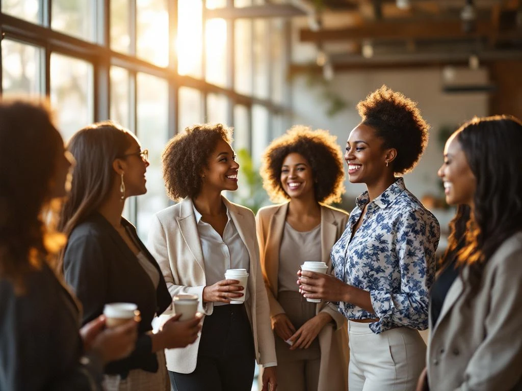 Diverse professional women networking and conversing in bright modern conference room with natural lighting.