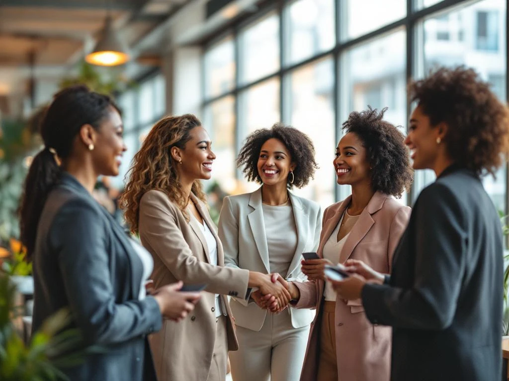 Diverse professional women networking in bright modern conference room, shaking hands and exchanging business cards