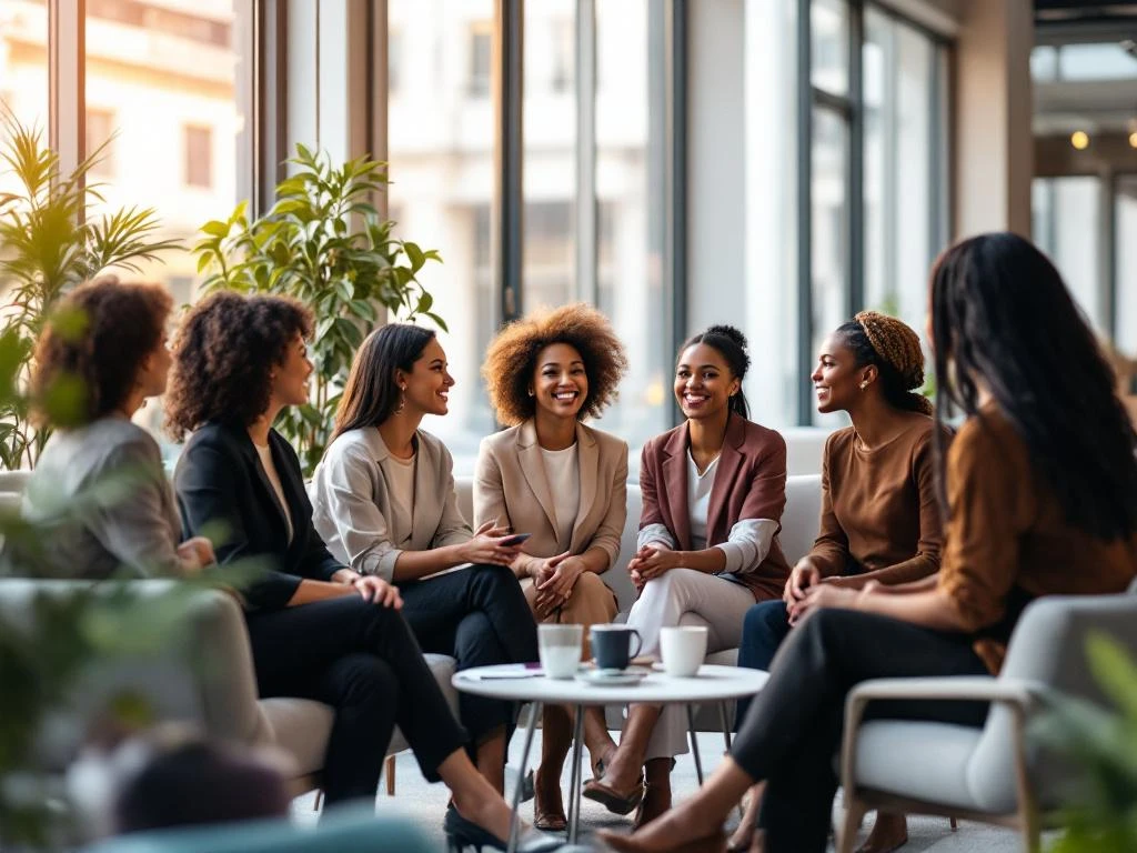 Diverse professional women networking in bright modern conference room with natural light and contemporary furniture.