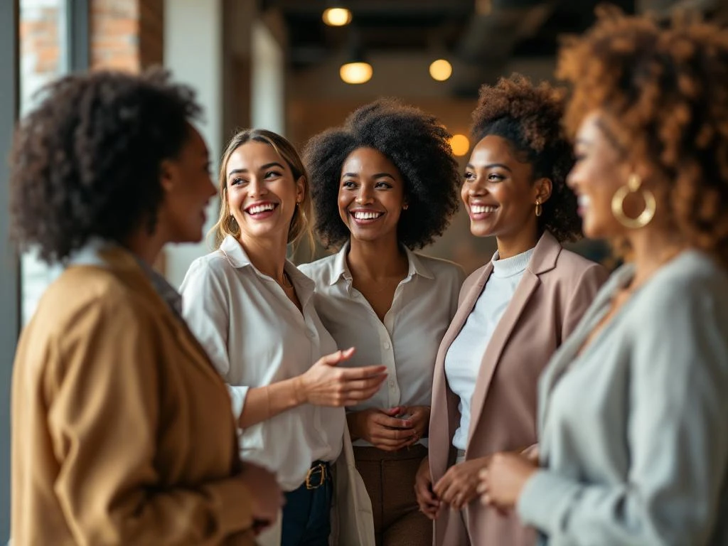 Diverse professional women from various ethnic backgrounds networking and smiling in bright modern office space