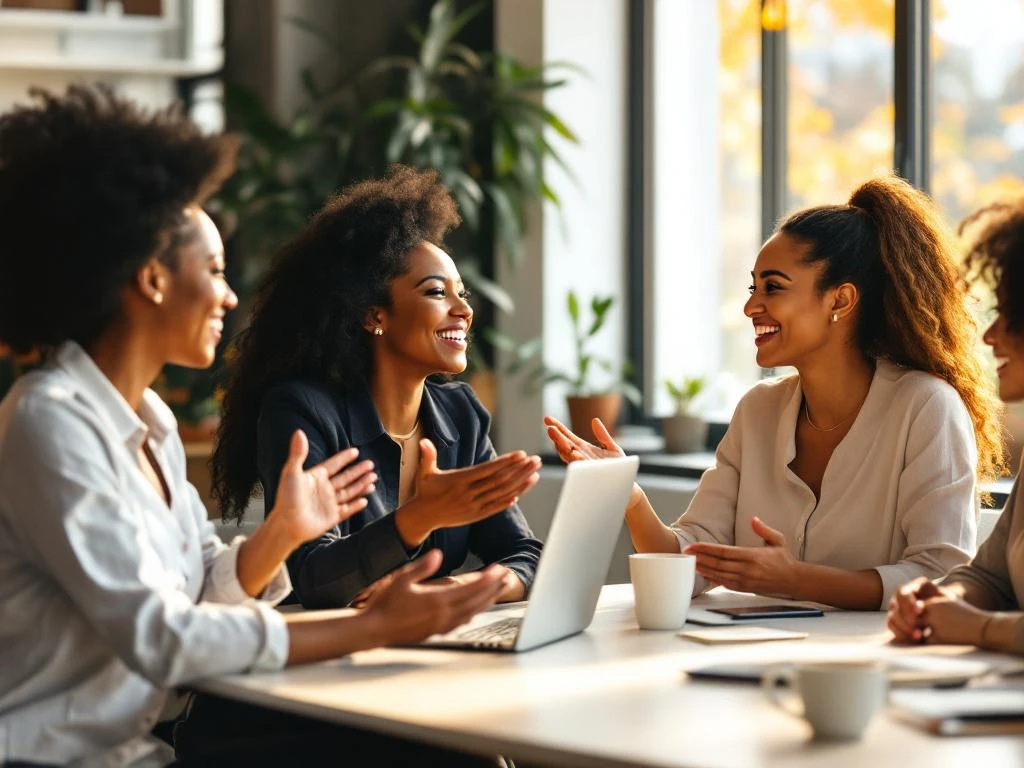 Diverse professional women networking in modern workspace with laptops and coffee, engaged in authentic conversation.