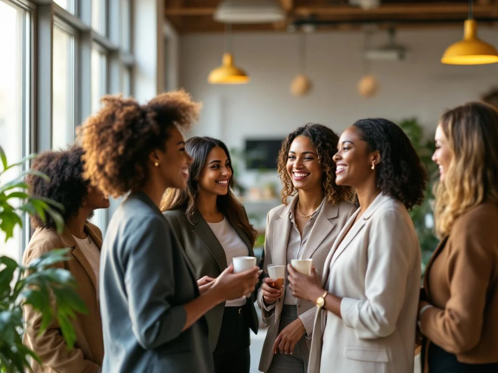 Diverse professional women networking and conversing in bright modern office space with natural light and warm wood accents.